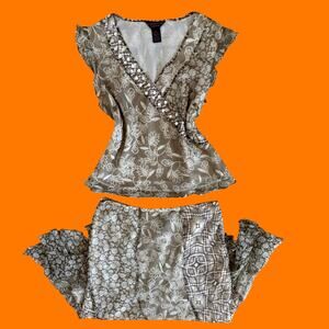 00's vintage earthy 100% silk 2pc asymmetrical skirt and top set Size 12